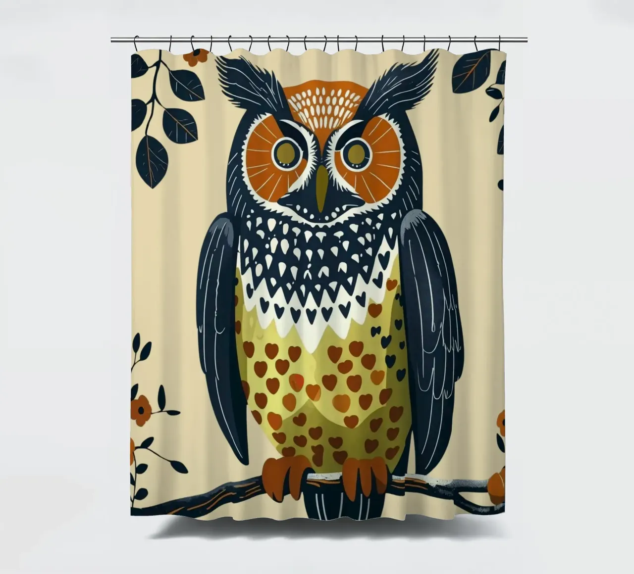 Gufo della foresta in stile metà secolo tenda da doccia da Taika Tori Art