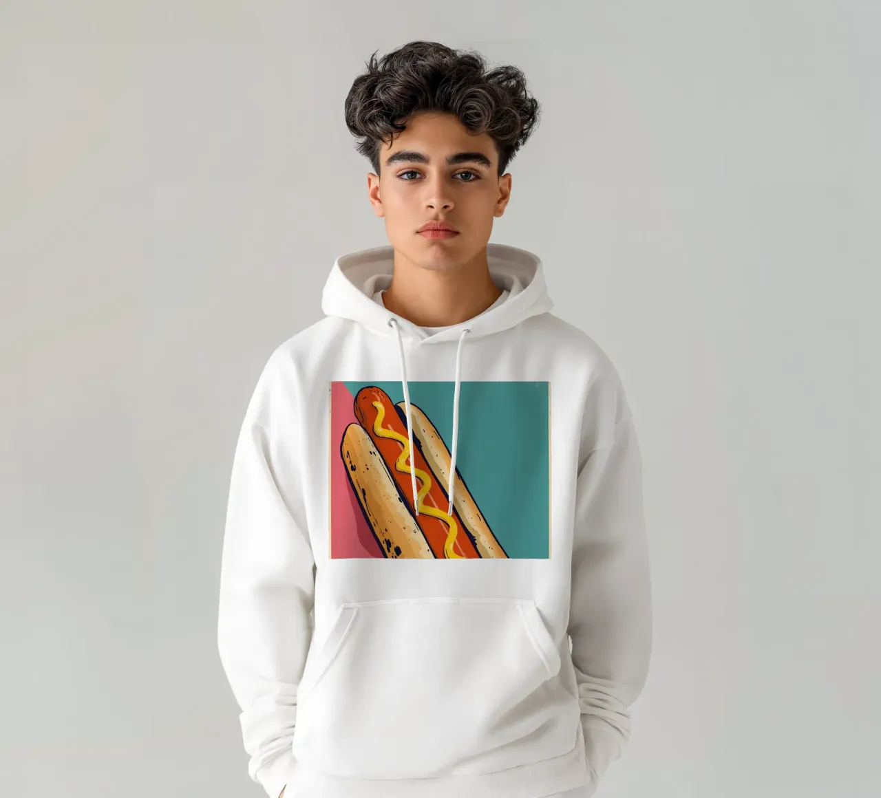 Perro caliente con mostaza sobre fondo de color sudadera con capucha de DesignDoodle