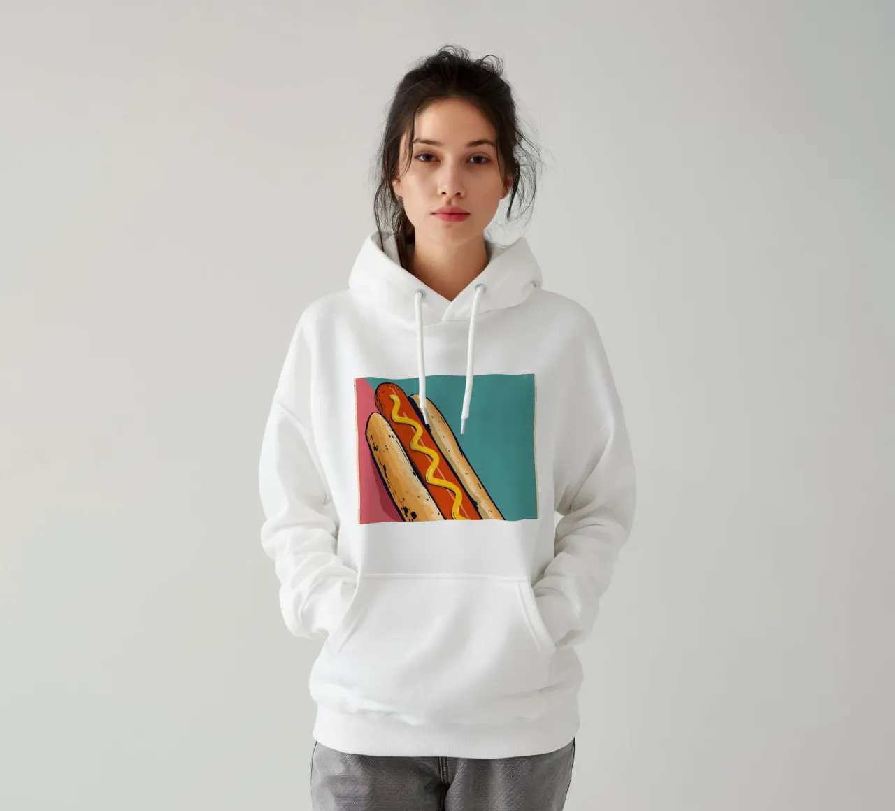 Perro caliente con mostaza sobre fondo de color sudadera con capucha de DesignDoodle