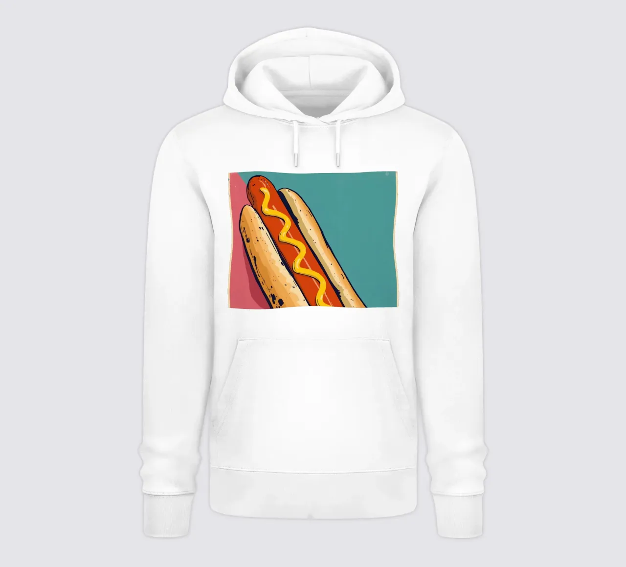 Perro caliente con mostaza sobre fondo de color sudadera con capucha de DesignDoodle