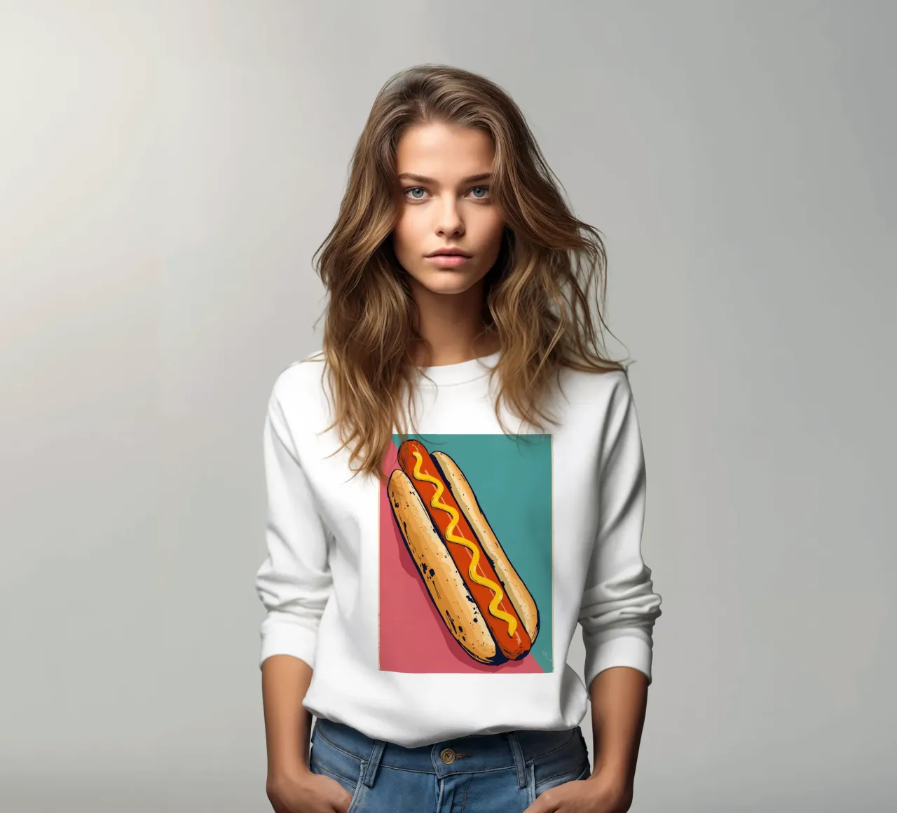 Perro caliente con mostaza sobre fondo de color sudadera de DesignDoodle