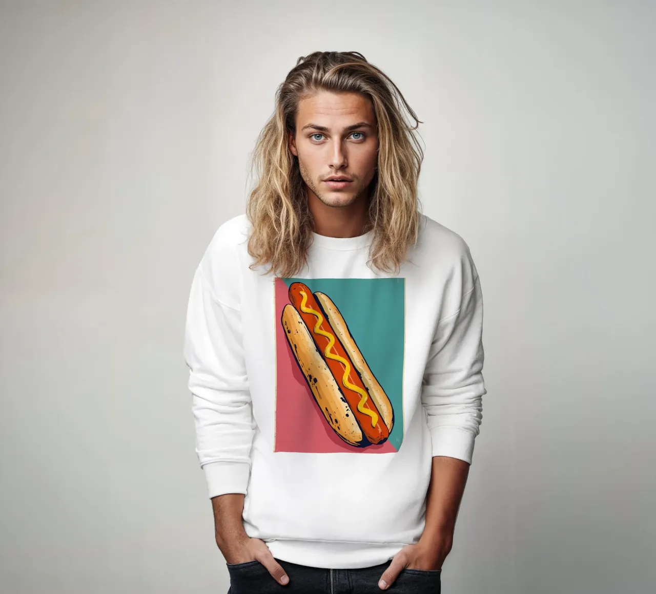 Perro caliente con mostaza sobre fondo de color sudadera de DesignDoodle