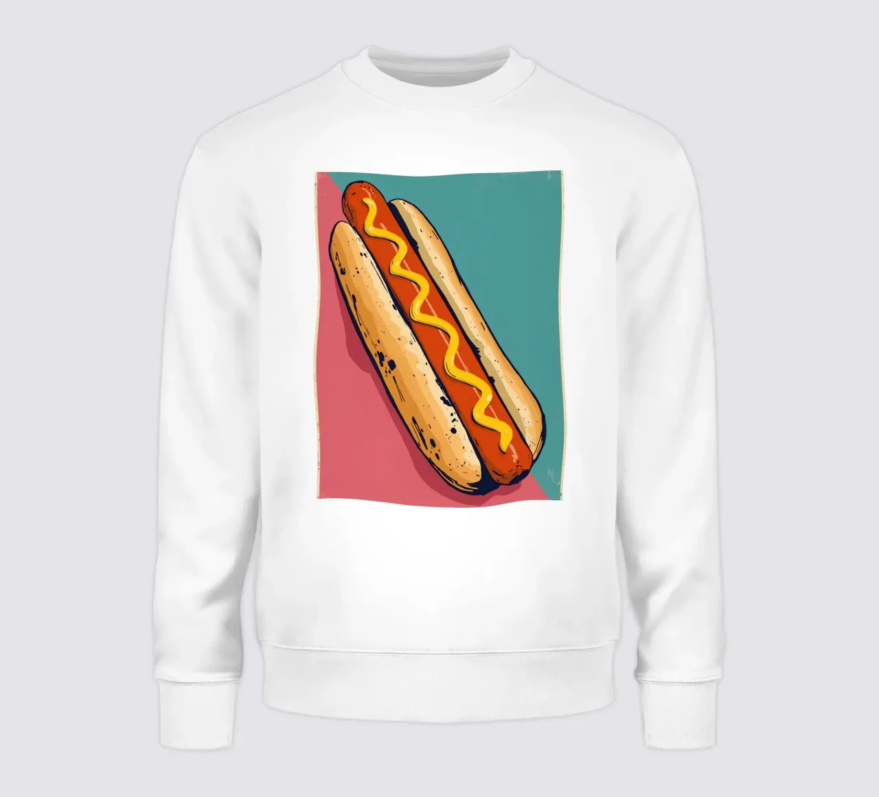 Perro caliente con mostaza sobre fondo de color sudadera de DesignDoodle