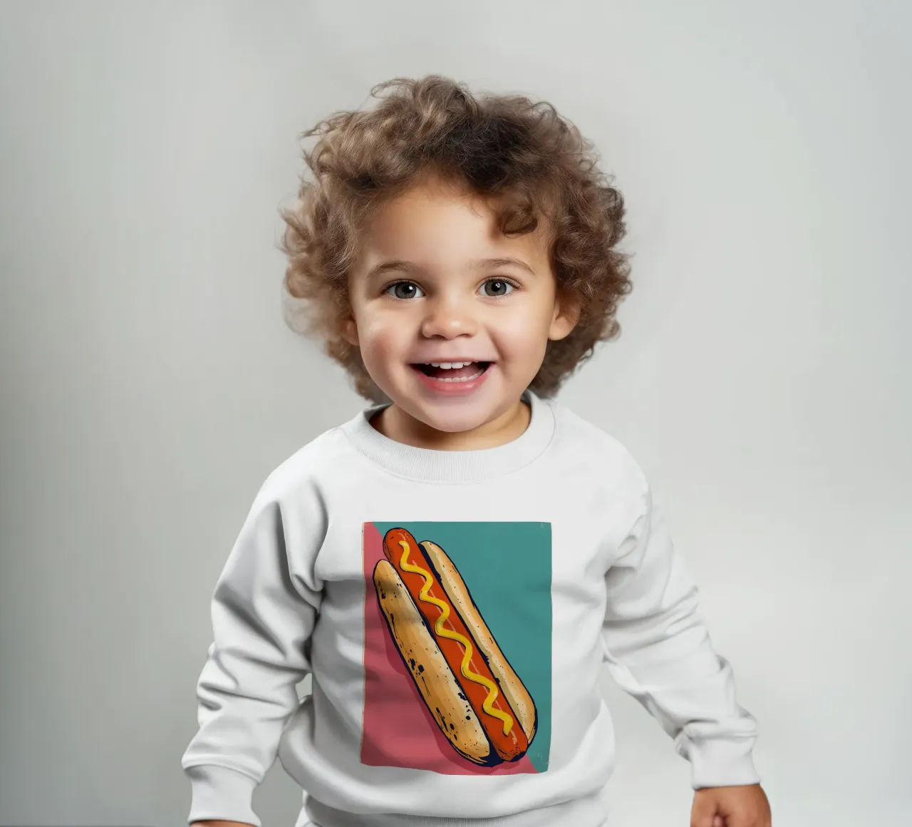 Perro caliente con mostaza sobre fondo de color sudadera de bebé de DesignDoodle