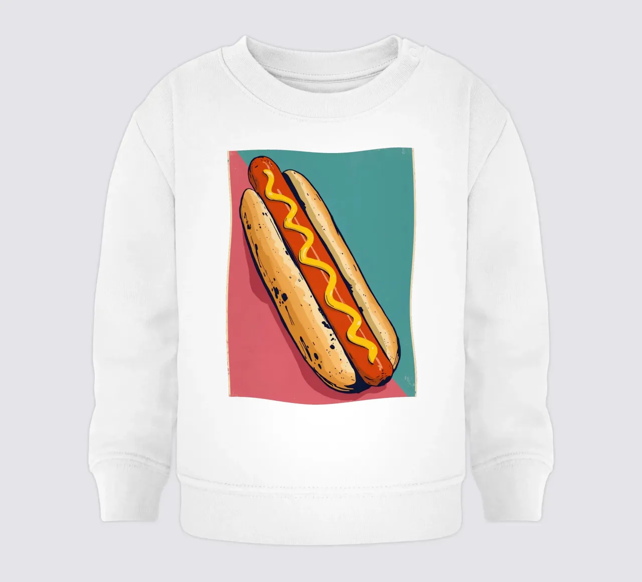 Perro caliente con mostaza sobre fondo de color sudadera de bebé de DesignDoodle