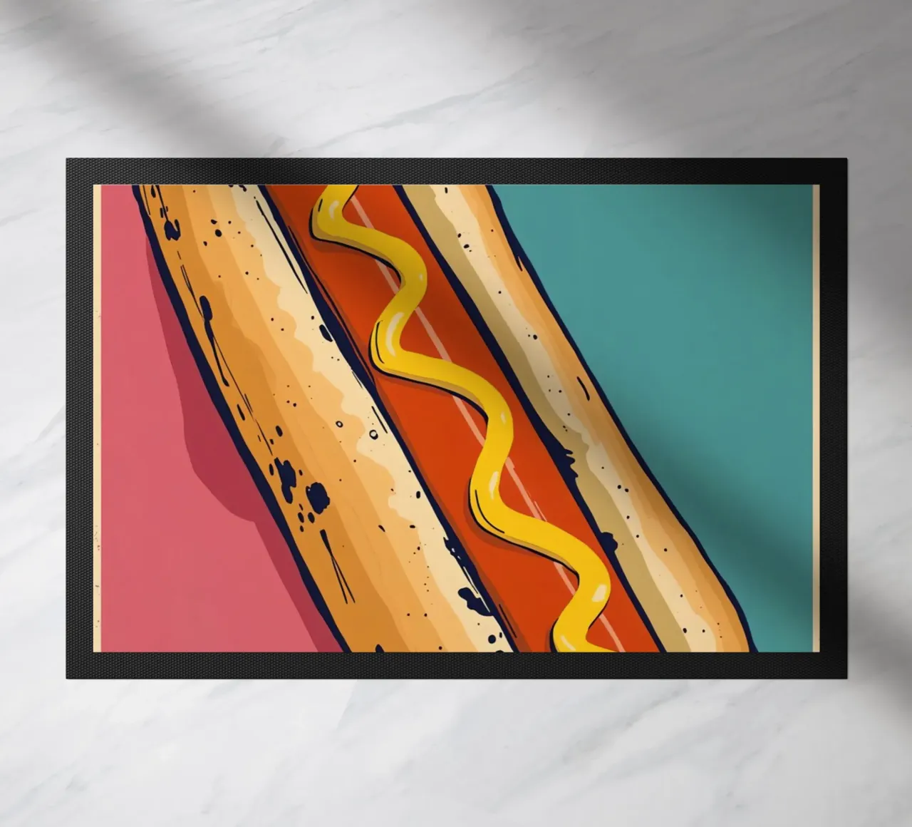 Perro caliente con mostaza sobre fondo de color felpudo de DesignDoodle
