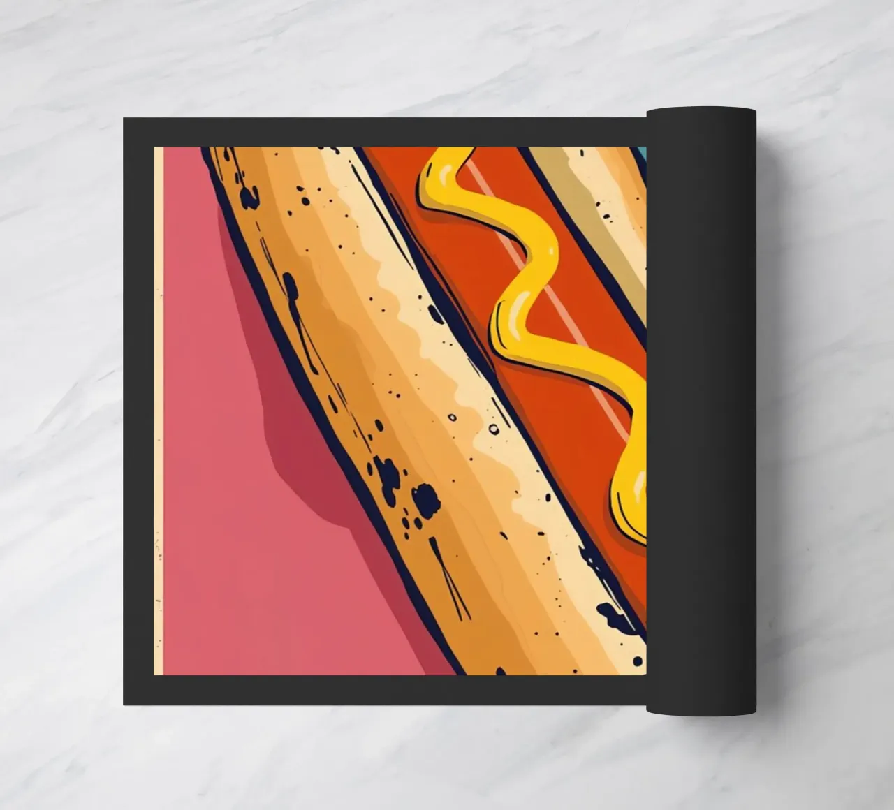 Perro caliente con mostaza sobre fondo de color felpudo de DesignDoodle