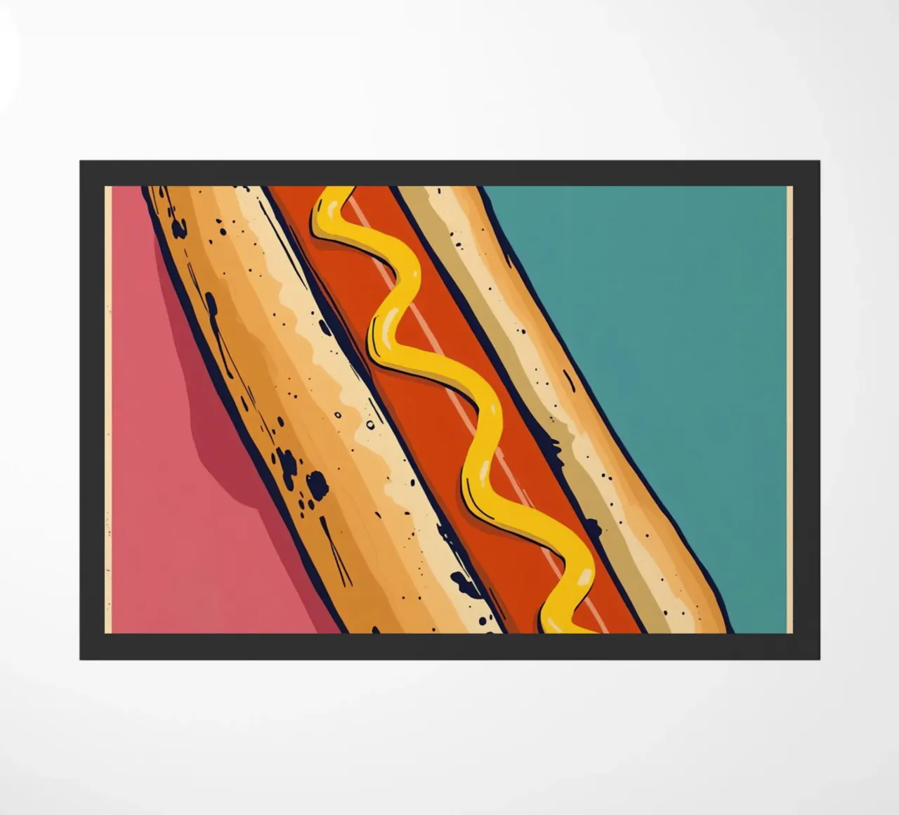 Perro caliente con mostaza sobre fondo de color felpudo de DesignDoodle