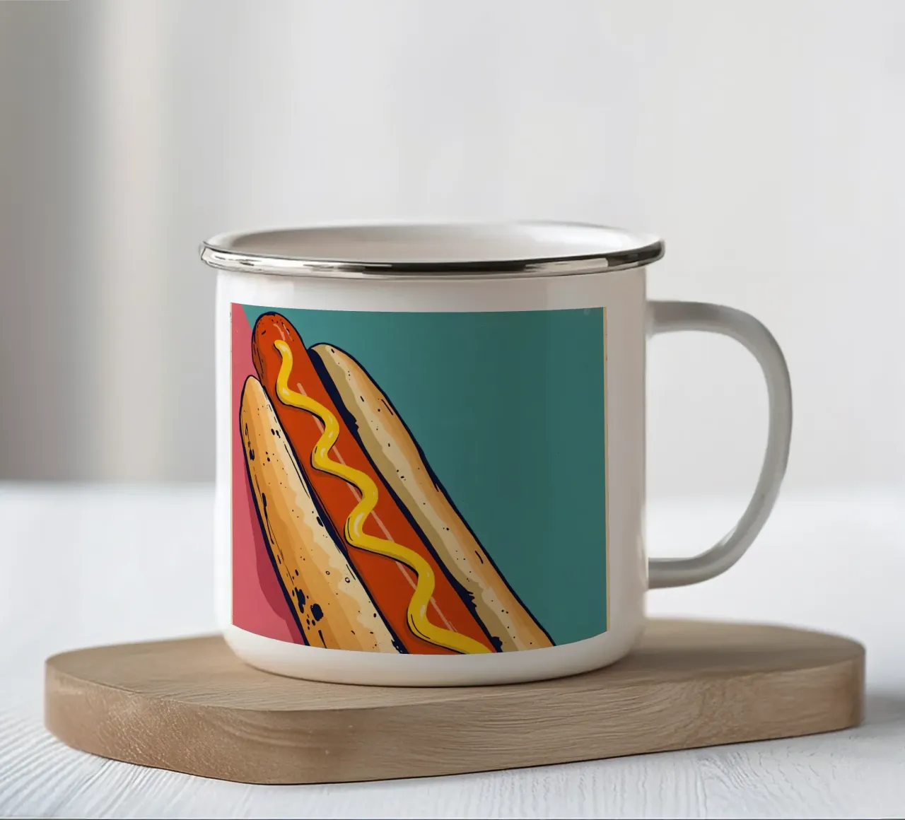 Hot Dog met mosterd op kleurgeblokte achtergrond emaille mok van DesignDoodle