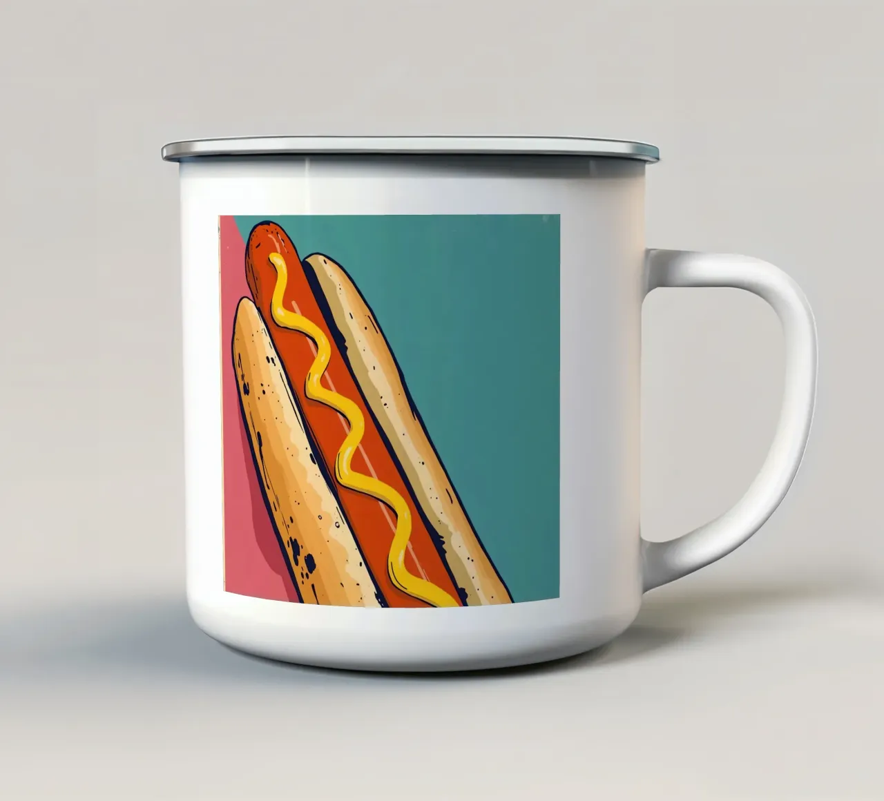 Hot Dog met mosterd op kleurgeblokte achtergrond emaille mok van DesignDoodle