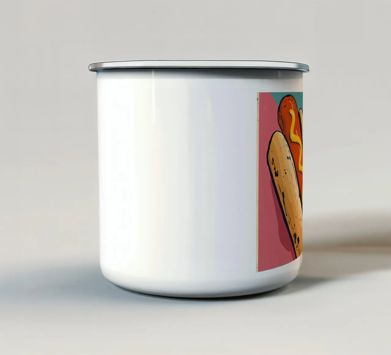 Hot Dog met mosterd op kleurgeblokte achtergrond emaille mok van DesignDoodle