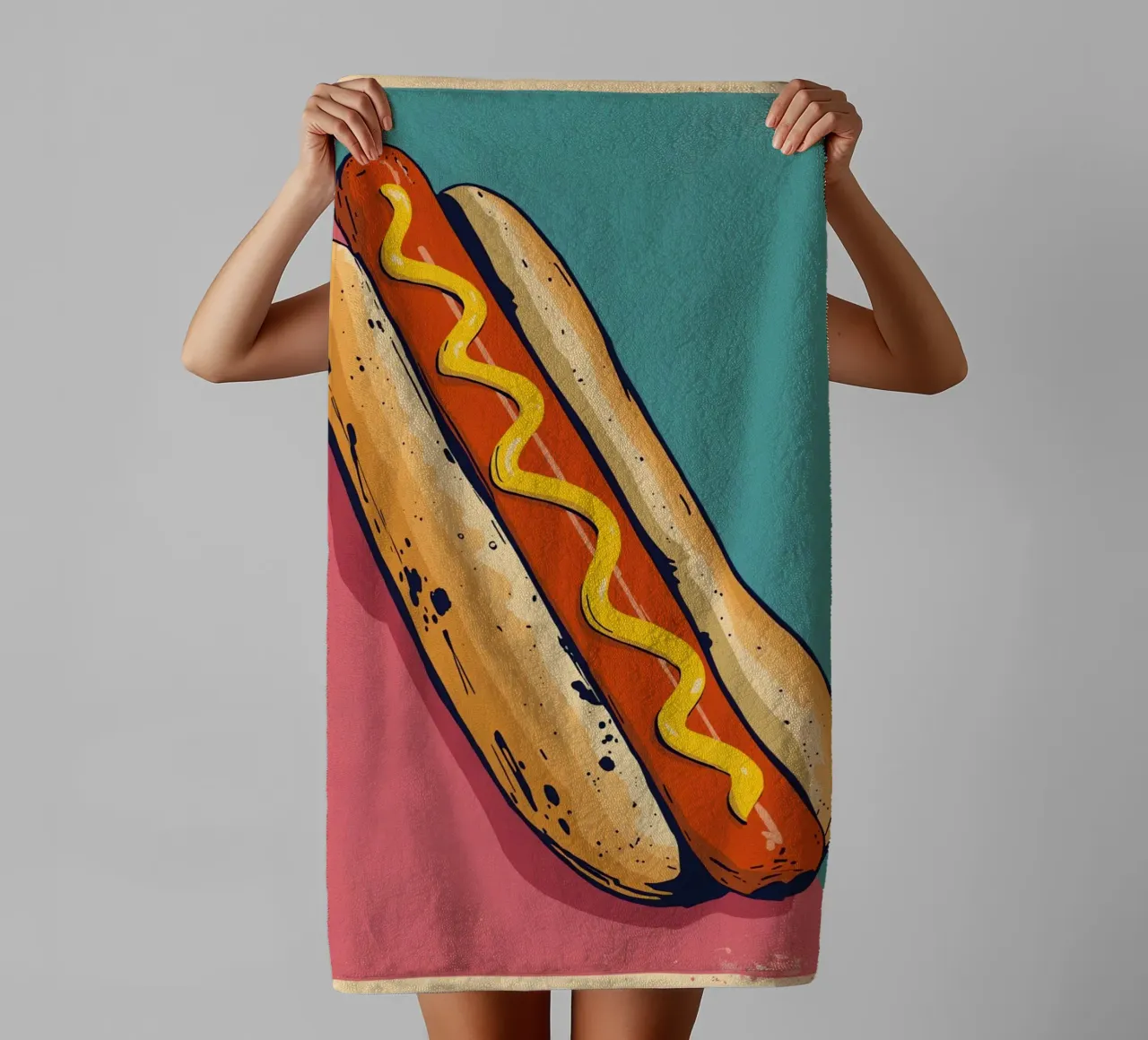 Hot Dog with Mustard on Color-Blocked Background towel by DesignDoodle