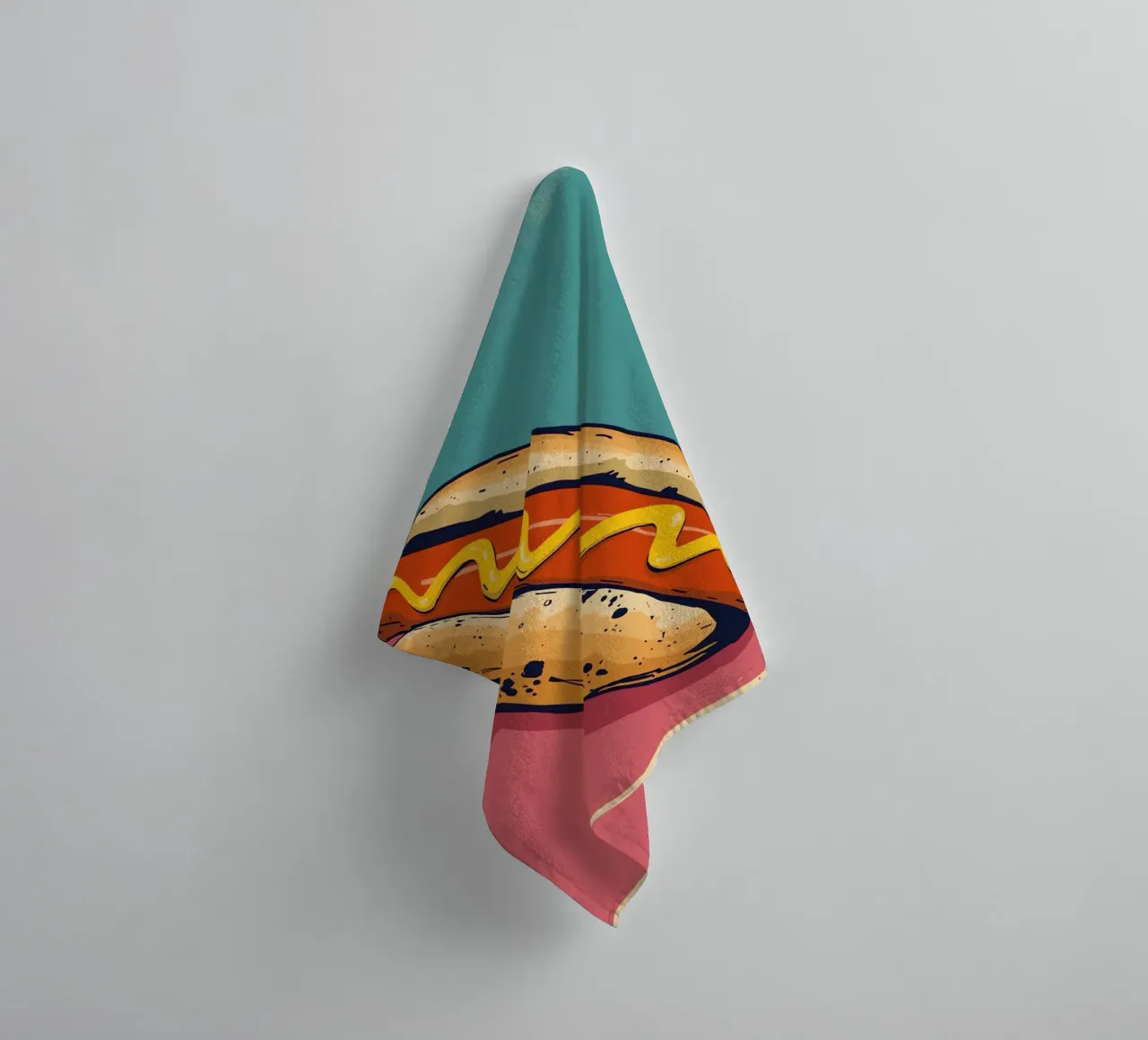 Hot Dog with Mustard on Color-Blocked Background towel by DesignDoodle