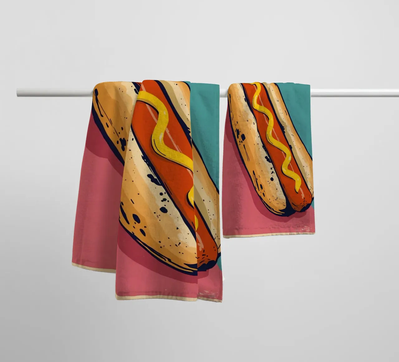 Hot Dog with Mustard on Color-Blocked Background towel by DesignDoodle