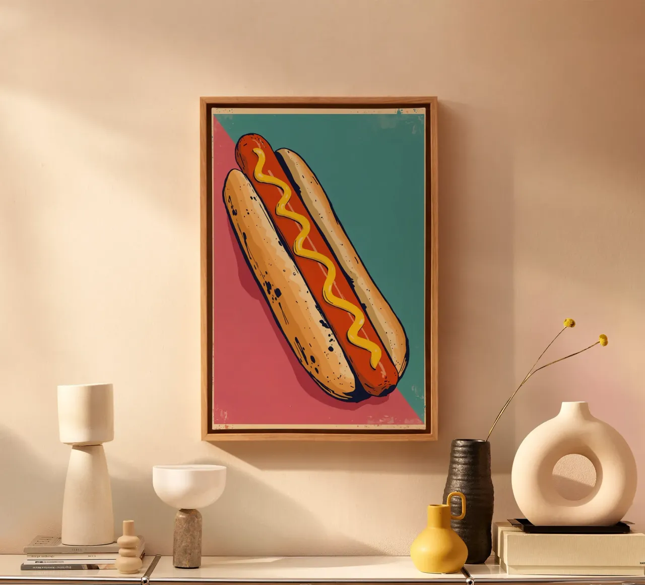 Hot Dog with Mustard on Color-Blocked Background canvas by DesignDoodle