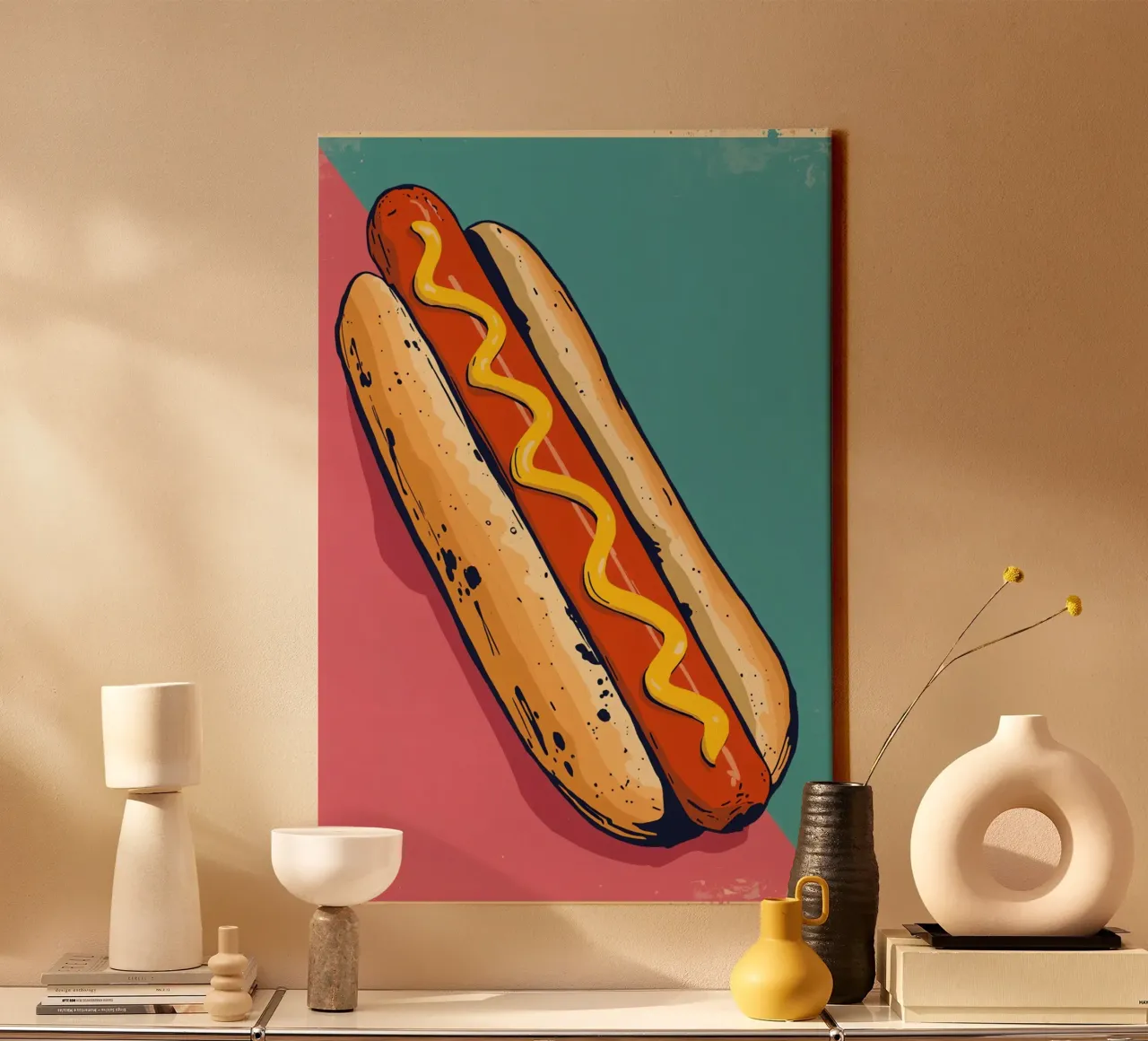 Hot Dog with Mustard on Color-Blocked Background canvas by DesignDoodle