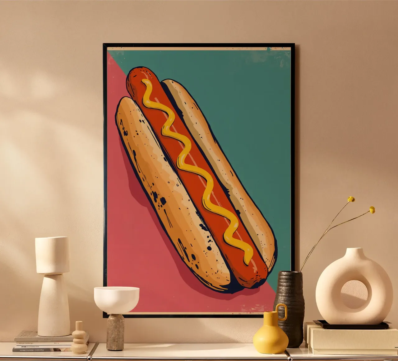 Perro caliente con mostaza sobre fondo de color hahnemühle de DesignDoodle