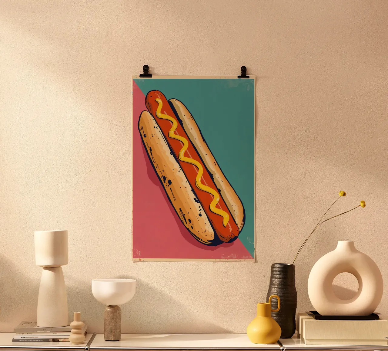 Perro caliente con mostaza sobre fondo de color hahnemühle de DesignDoodle