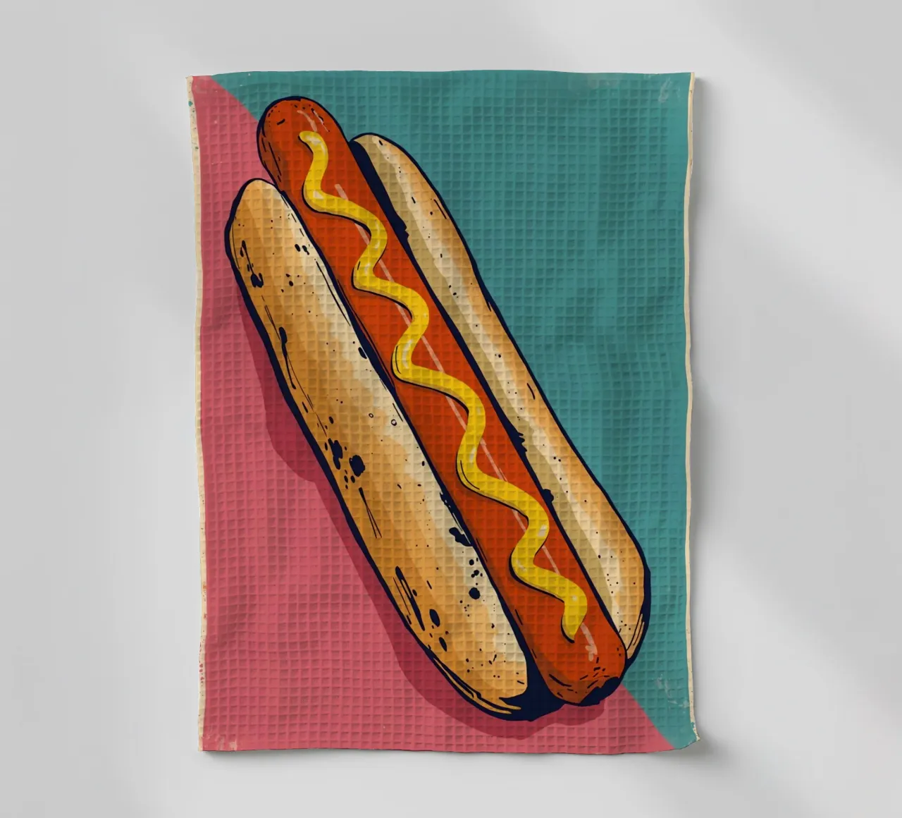 Hot-dog avec moutarde sur fond coloré torchon de DesignDoodle