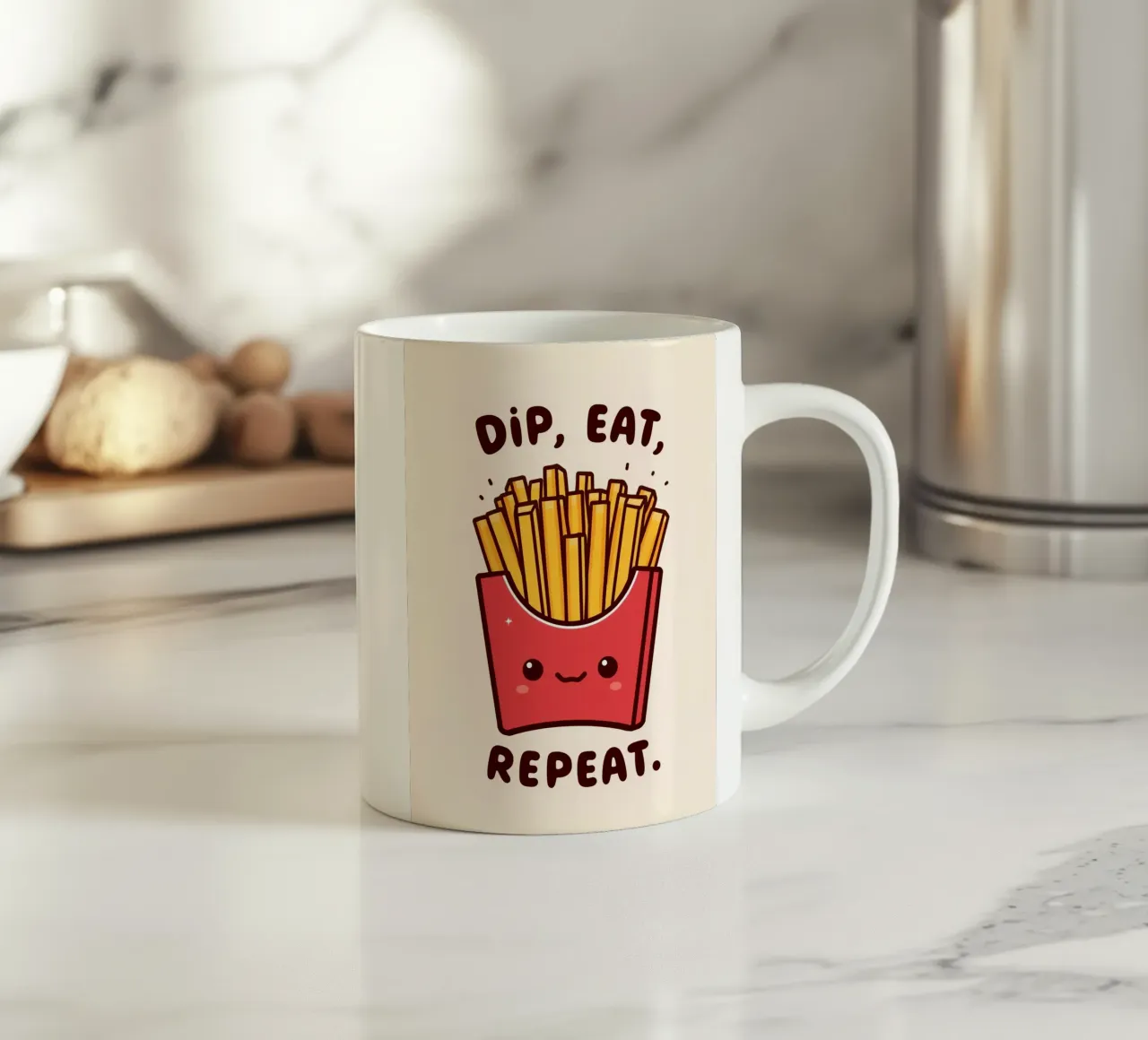 Frietdoos "Dip, Eat, Repeat" (Dip, Eet, Herhaal) keramische mok van DesignDoodle