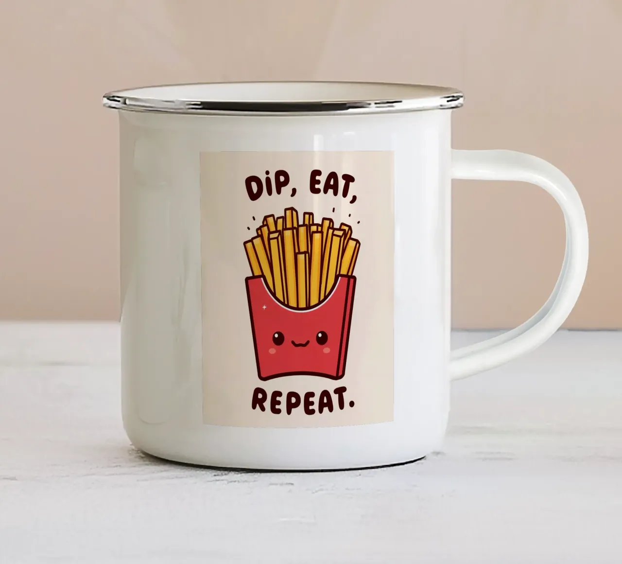 Frietdoos "Dip, Eat, Repeat" (Dip, Eet, Herhaal) emaille mok van DesignDoodle