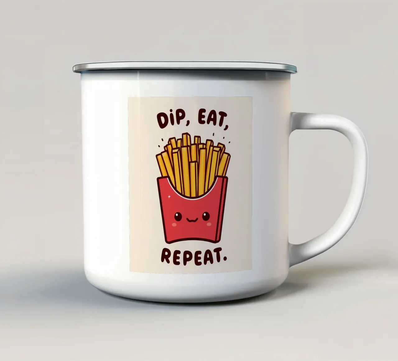 Frietdoos "Dip, Eat, Repeat" (Dip, Eet, Herhaal) emaille mok van DesignDoodle