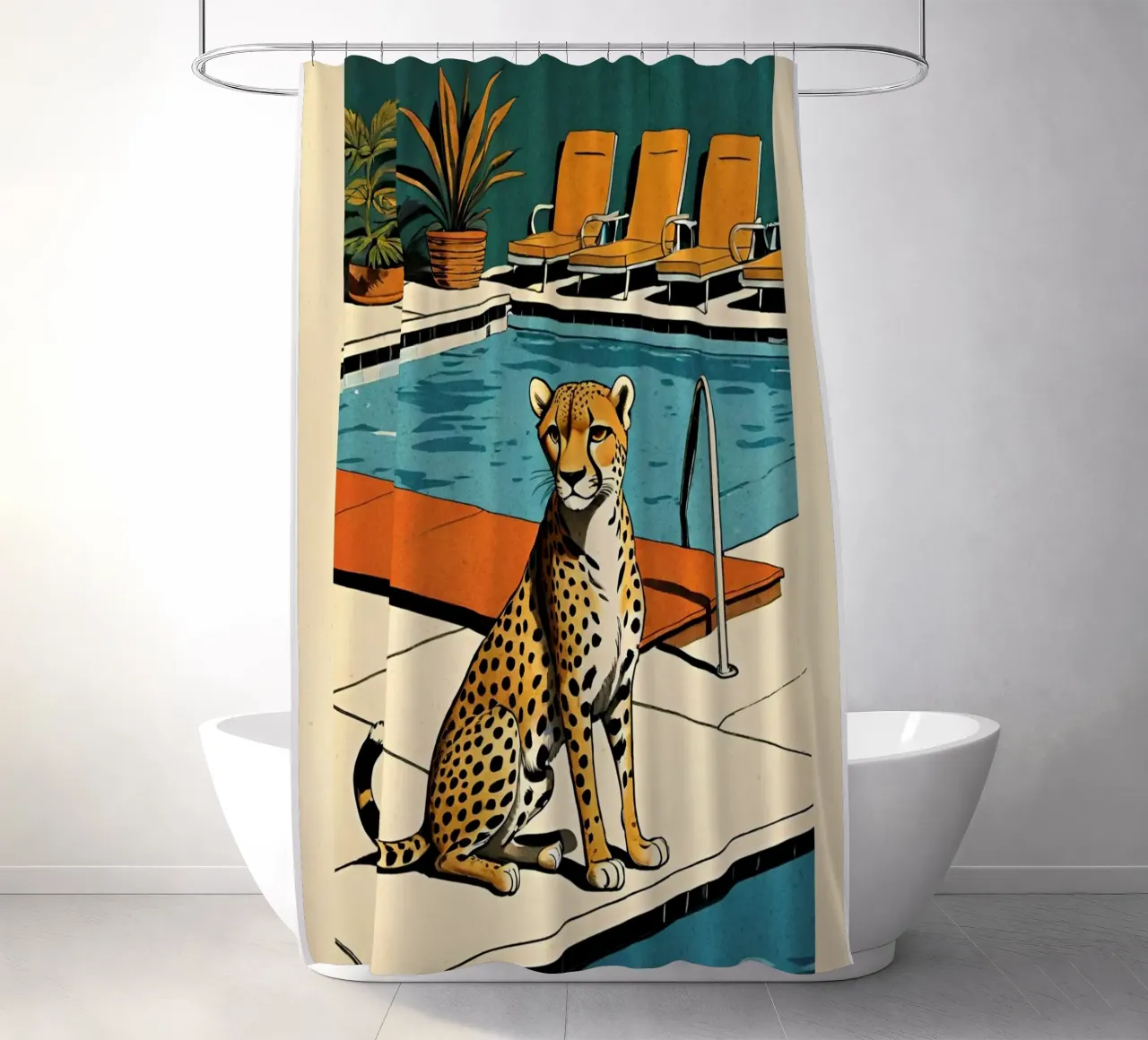 Zwembad Panter Retro Pop Art Ontwerp Gepard am Pool Bujaboom douchegordijn van bujaboom