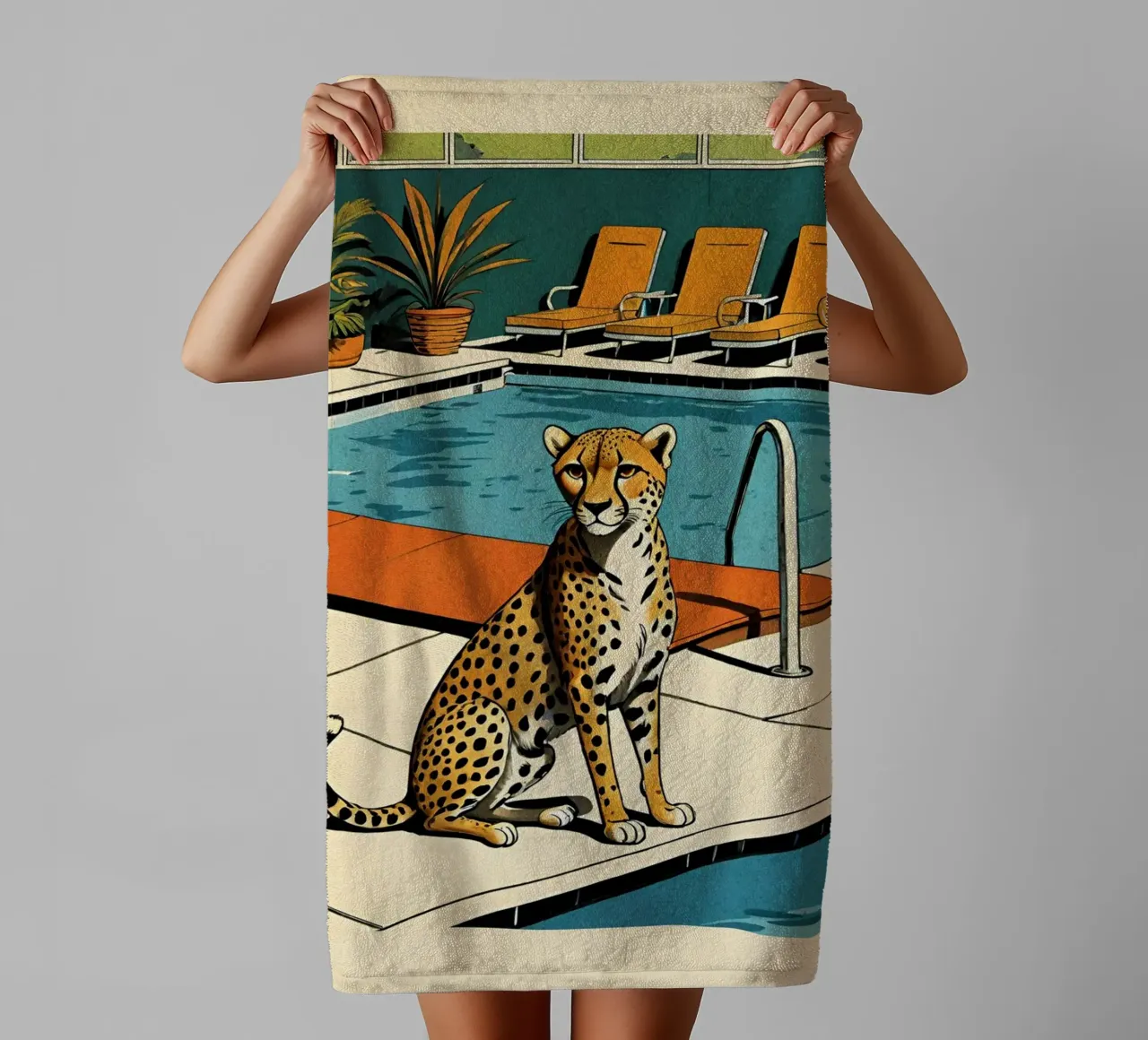 Zwembad Panter Retro Pop Art Ontwerp Gepard am Pool Bujaboom badhanddoek van bujaboom