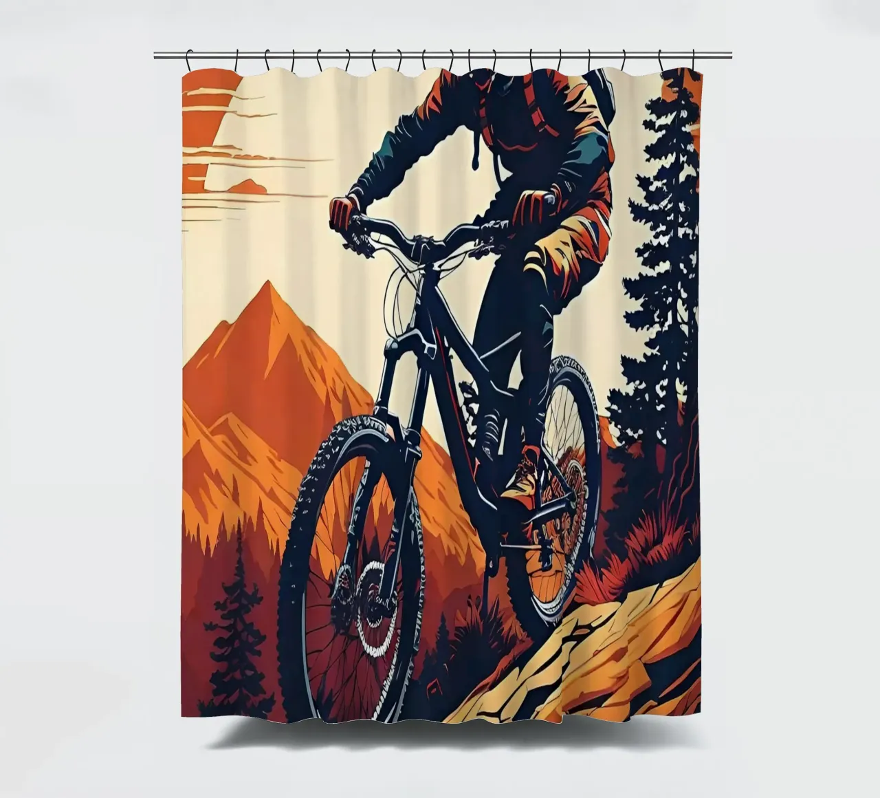Downhill mountainbike op volle snelheid douchegordijn van 🎁 ARTVI-SHOP