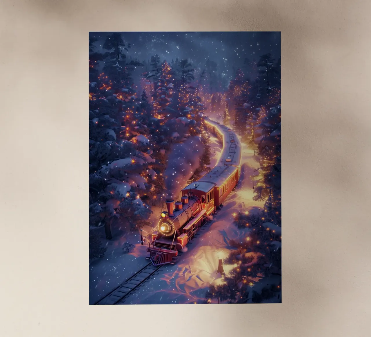 Treno di Natale nella foresta innevata pellicola backlit da Nina Wolf