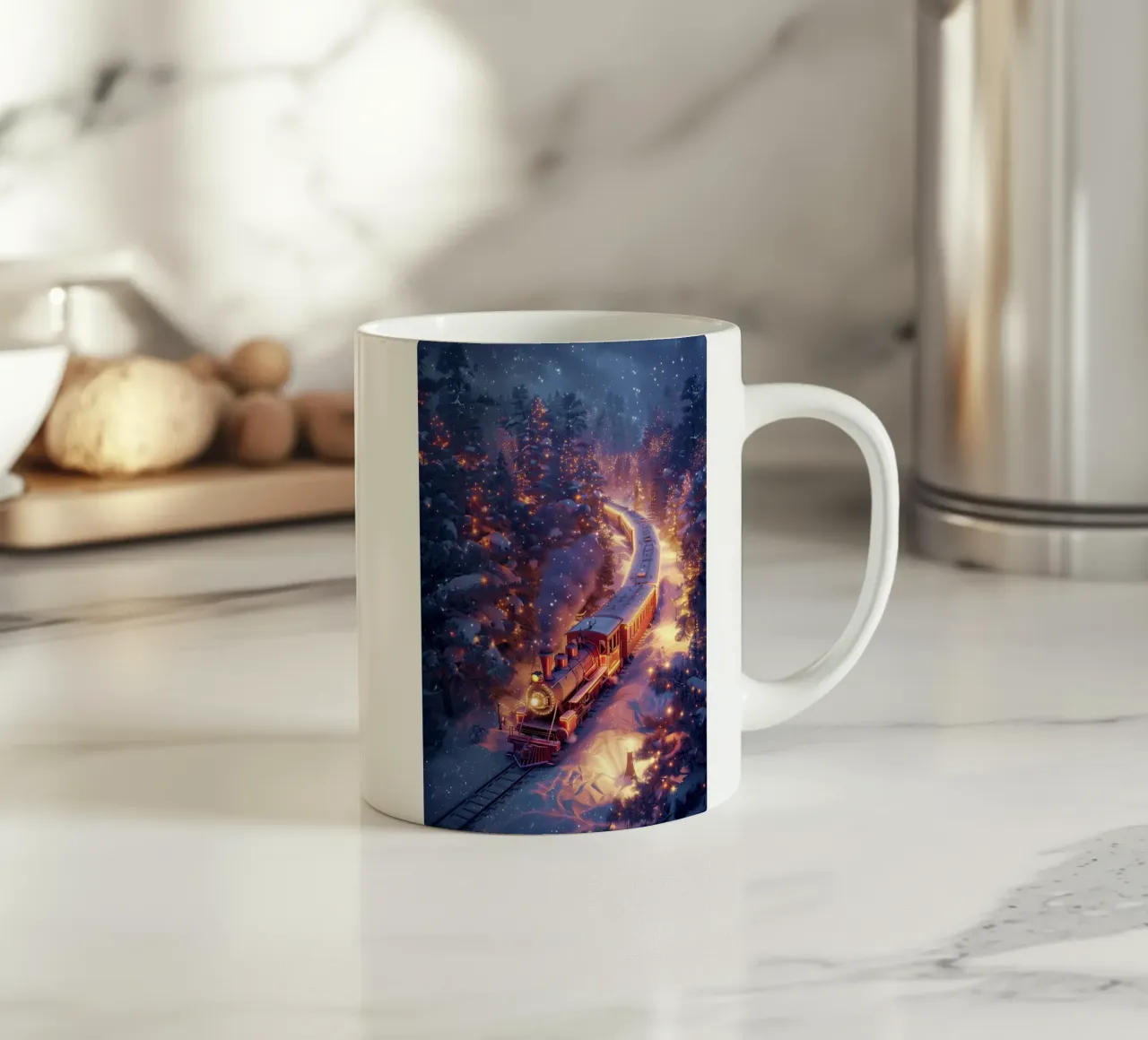 Treno di Natale nella foresta innevata tazza in ceramica da Nina Wolf
