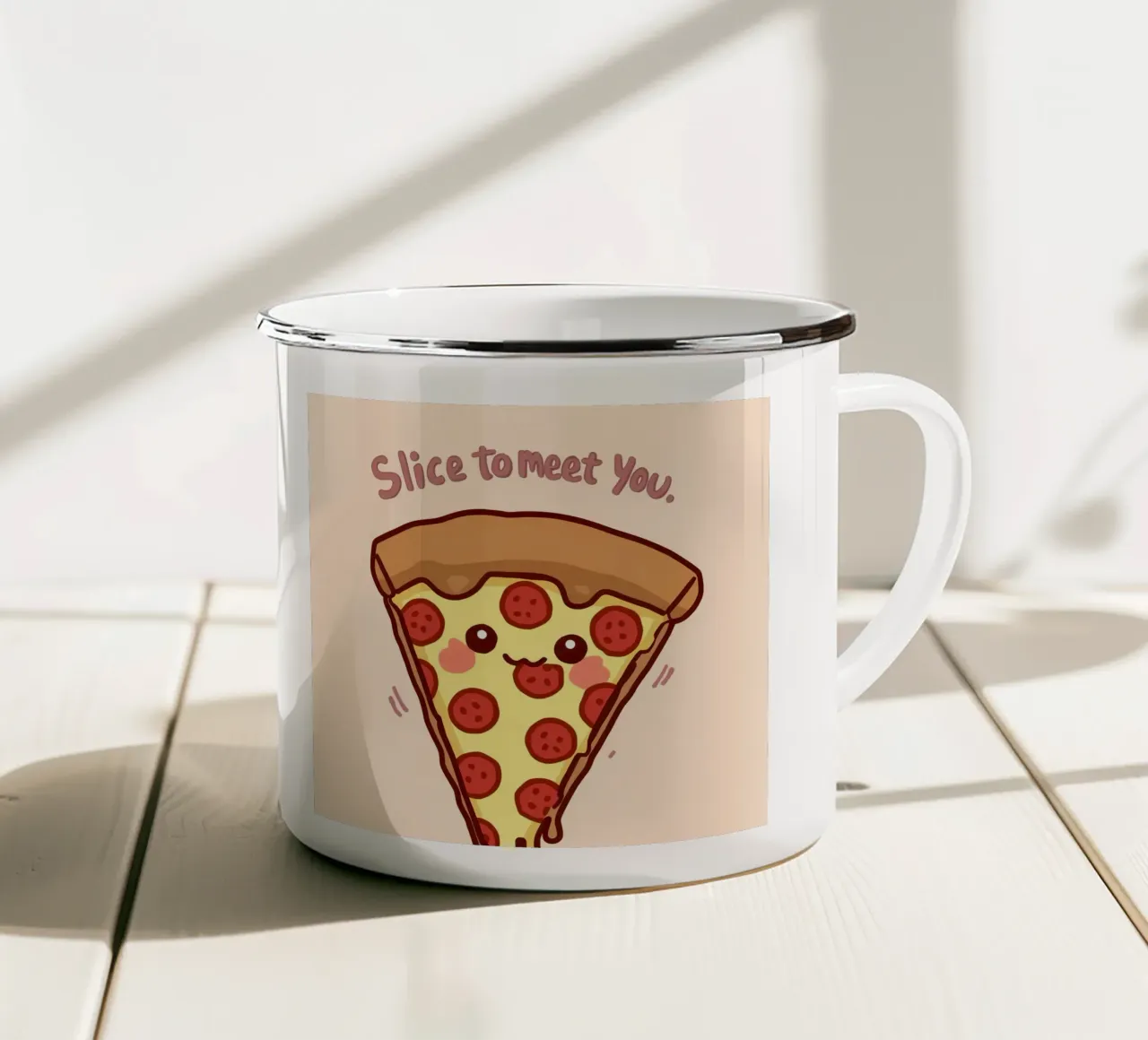 Kawaii Pepperoni Pizza "Slice To Meet You" tazza in smalto da DesignDoodle