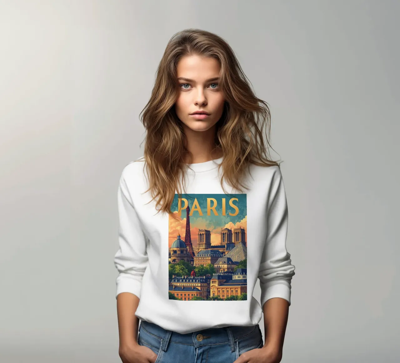 Paris Cityscape with Eiffel Tower and Notre Dame sweatshirt by DesignDoodle