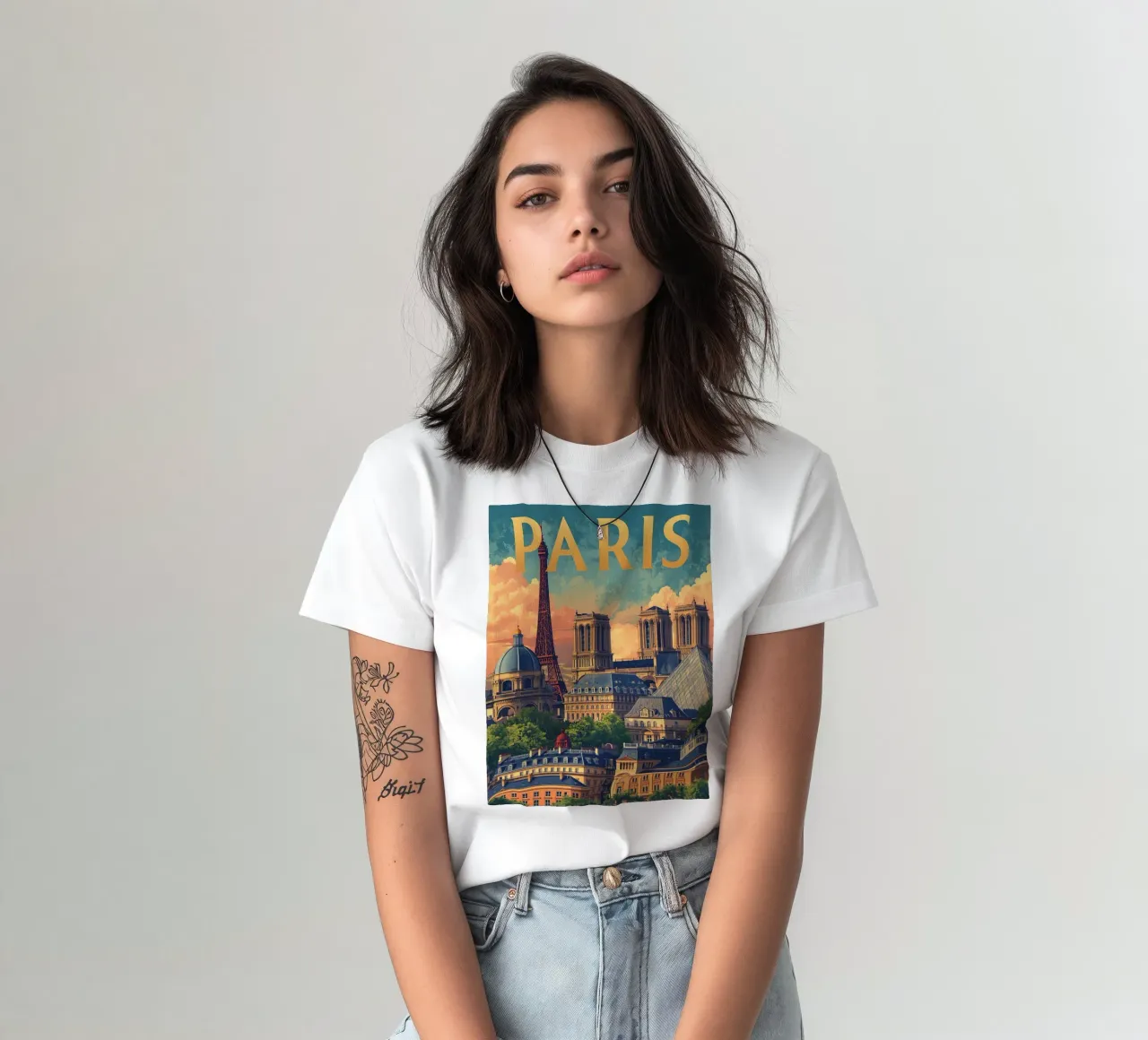 Paris Cityscape with Eiffel Tower and Notre Dame t-shirt by DesignDoodle