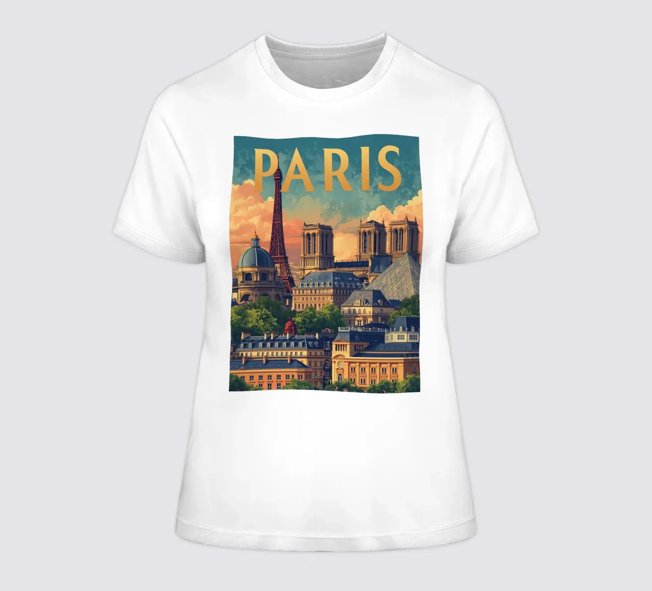 Paesaggio urbano di Parigi con Torre Eiffel e Notre Dame t-shirt da donna da DesignDoodle