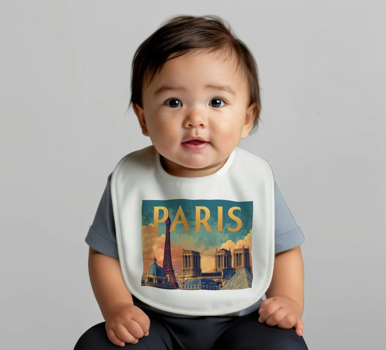 Paesaggio urbano di Parigi con Torre Eiffel e Notre Dame bavaglino da DesignDoodle