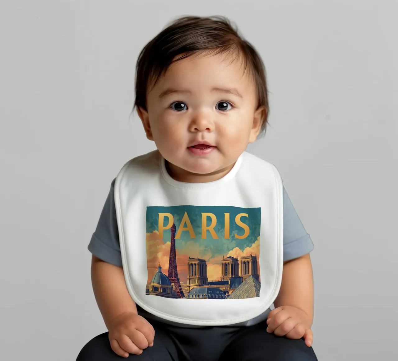 Paesaggio urbano di Parigi con Torre Eiffel e Notre Dame bavaglino da DesignDoodle