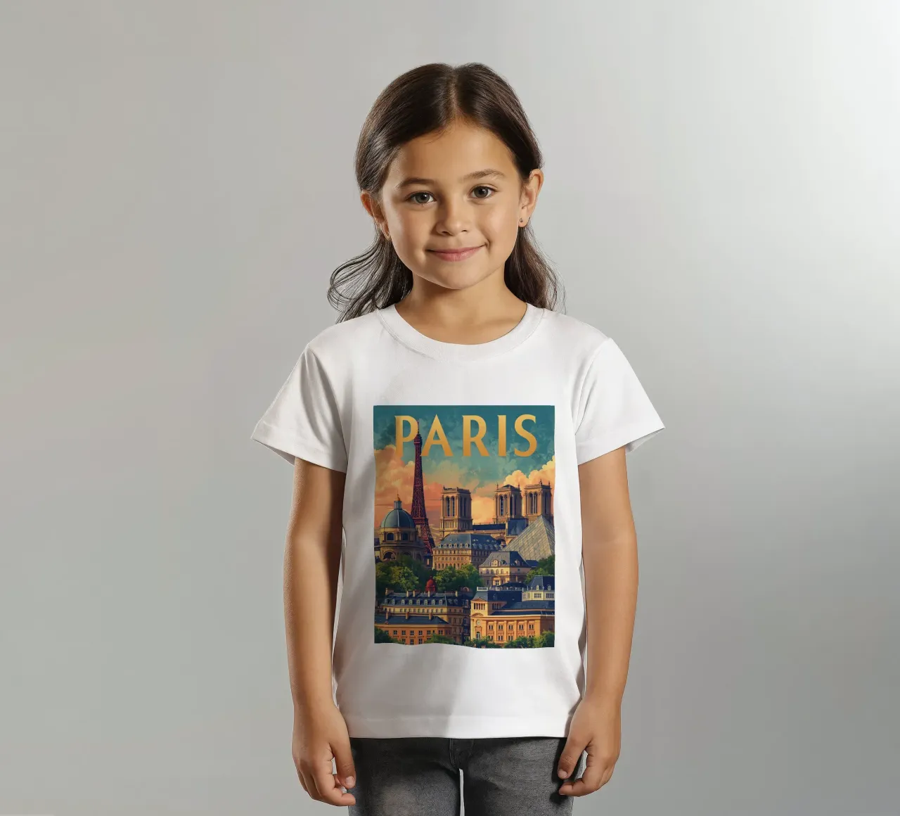 Paesaggio urbano di Parigi con Torre Eiffel e Notre Dame t-shirt bambini da DesignDoodle