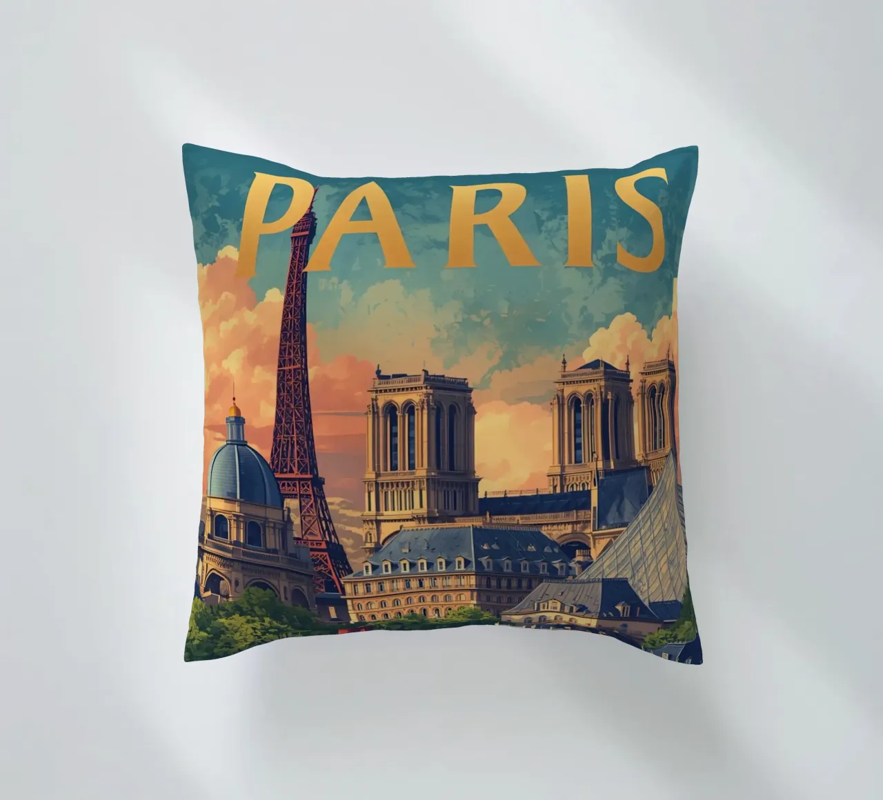 Paesaggio urbano di Parigi con Torre Eiffel e Notre Dame cuscino da DesignDoodle