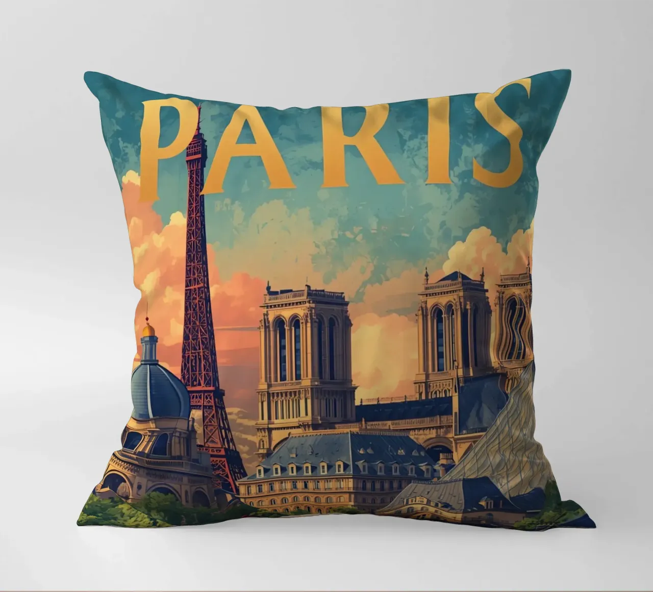 Paesaggio urbano di Parigi con Torre Eiffel e Notre Dame cuscino da DesignDoodle