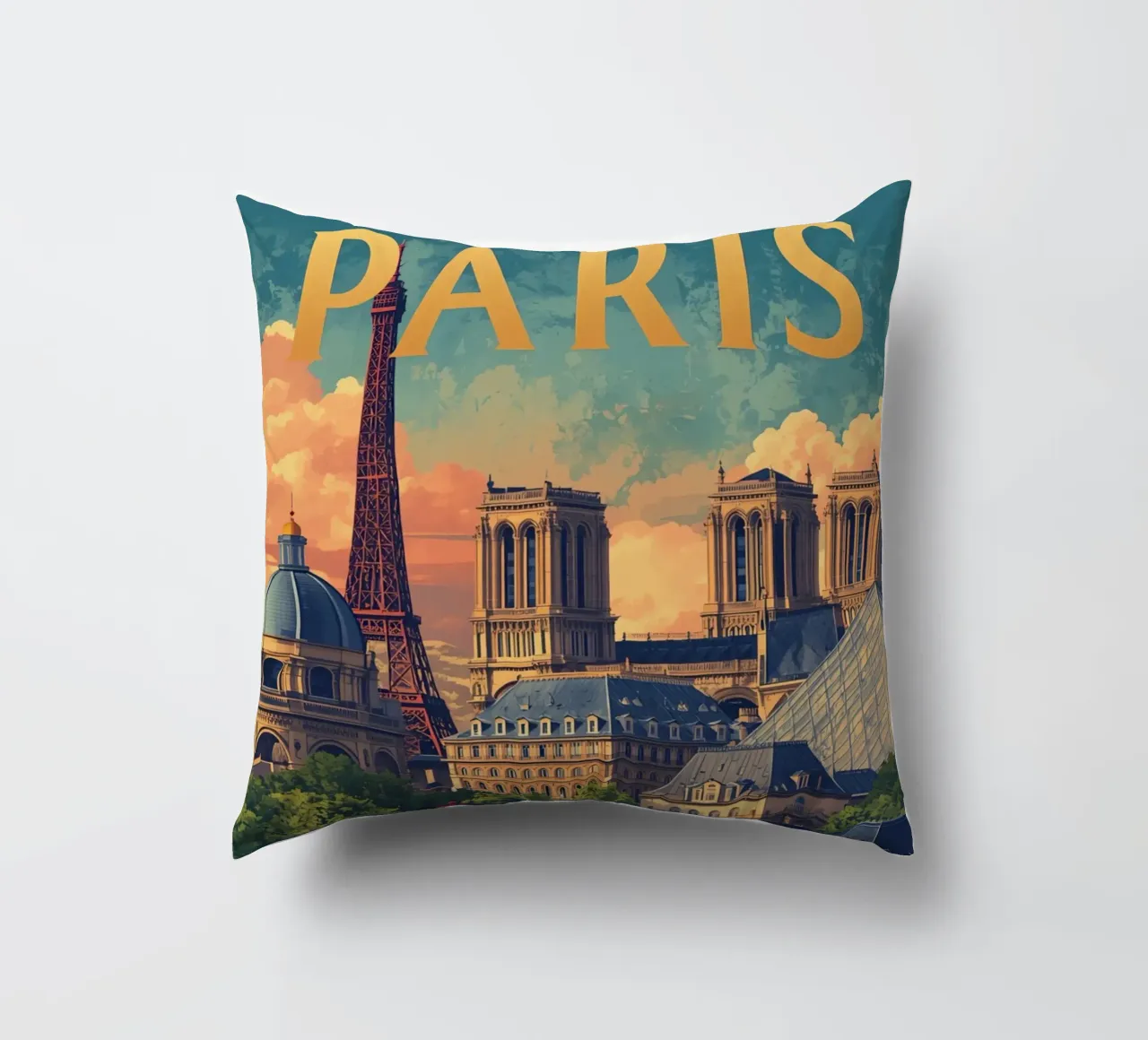 Paesaggio urbano di Parigi con Torre Eiffel e Notre Dame cuscino da DesignDoodle