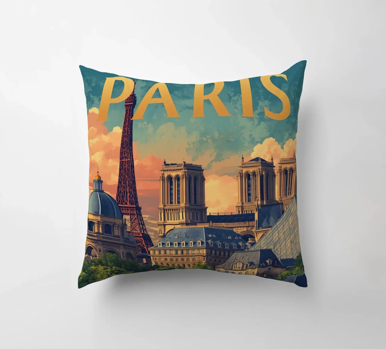 Paesaggio urbano di Parigi con Torre Eiffel e Notre Dame cuscino da DesignDoodle