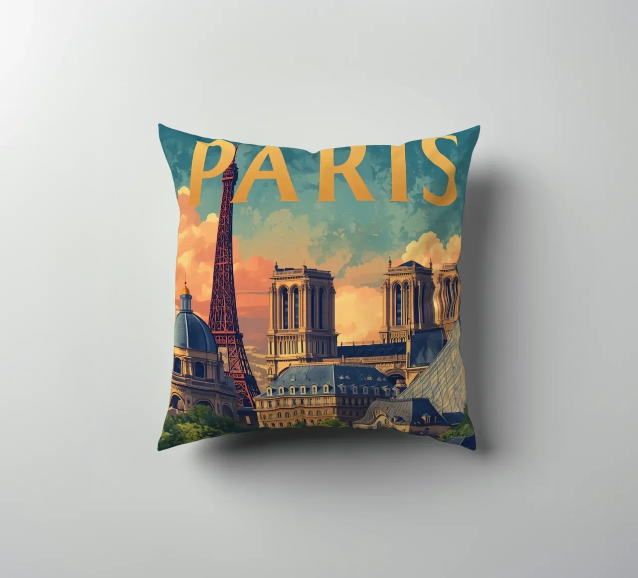 Paesaggio urbano di Parigi con Torre Eiffel e Notre Dame cuscino da DesignDoodle