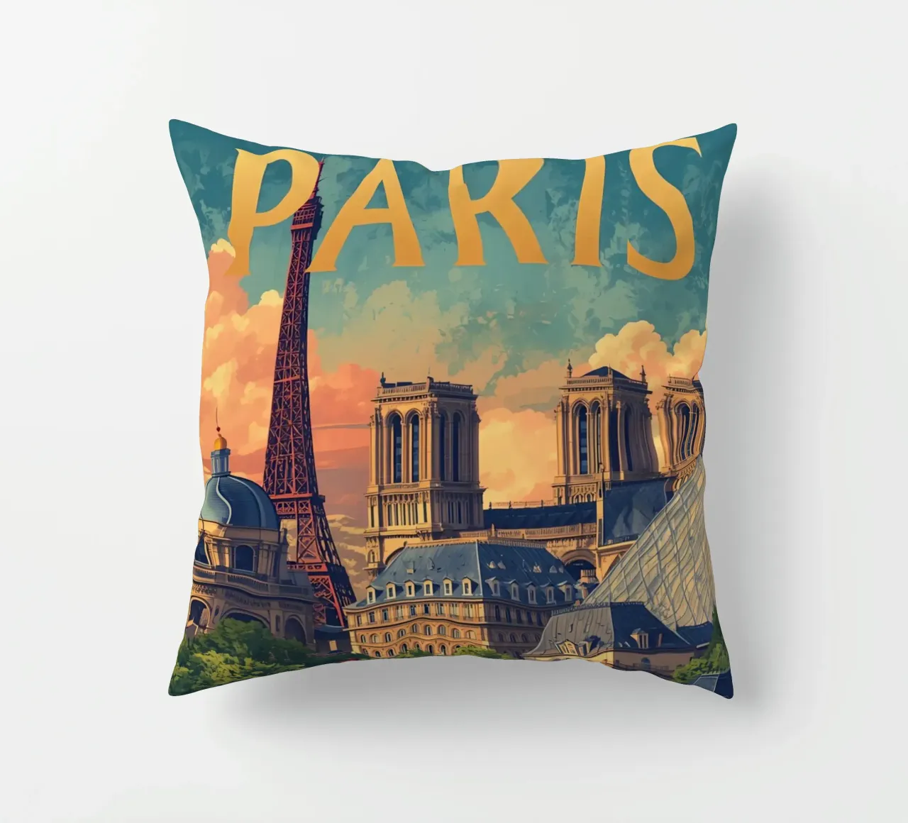 Paesaggio urbano di Parigi con Torre Eiffel e Notre Dame cuscino da DesignDoodle