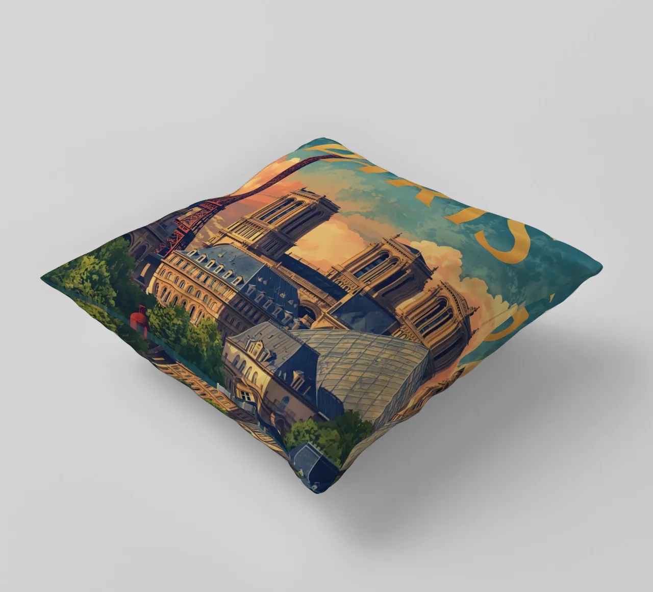 Paesaggio urbano di Parigi con Torre Eiffel e Notre Dame cuscino da DesignDoodle