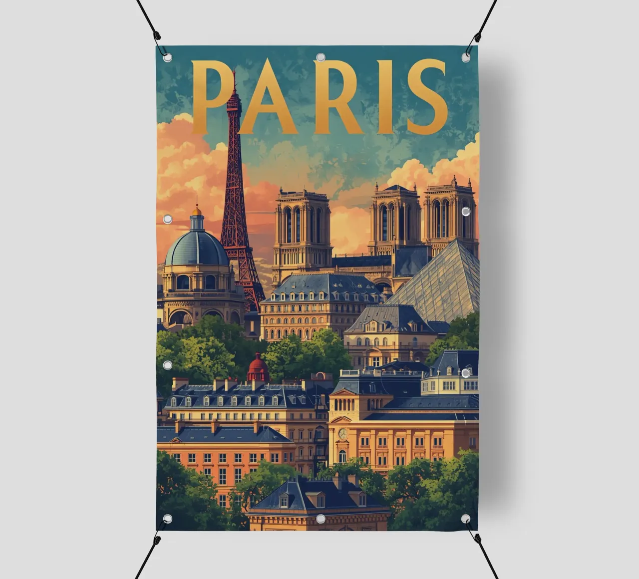 Paesaggio urbano di Parigi con Torre Eiffel e Notre Dame telo in pvc da DesignDoodle