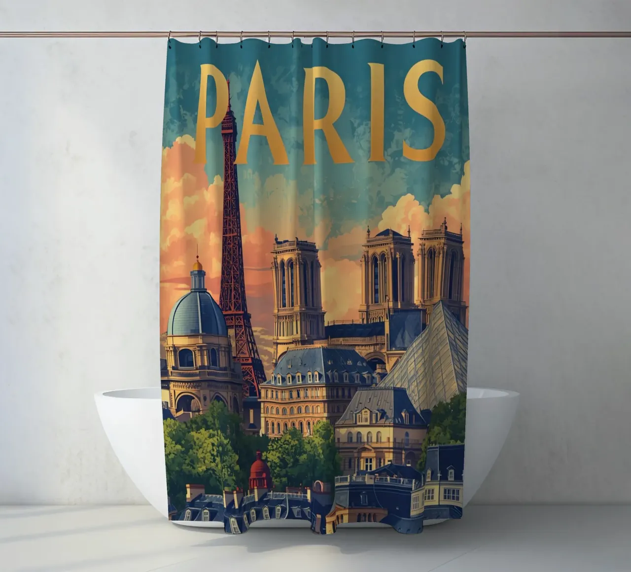 Paesaggio urbano di Parigi con Torre Eiffel e Notre Dame tenda da doccia da DesignDoodle