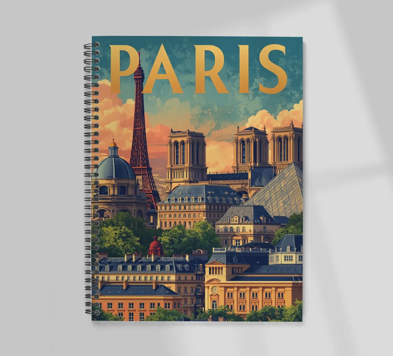 Paris Cityscape with Eiffel Tower and Notre Dame spiral notebook by DesignDoodle