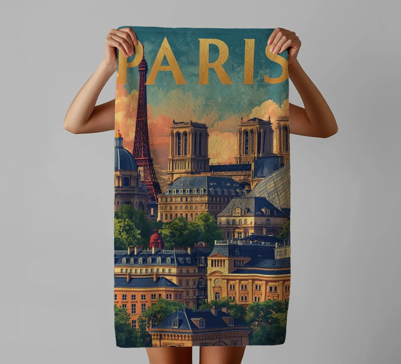 Paesaggio urbano di Parigi con Torre Eiffel e Notre Dame asciugamano da bagno da DesignDoodle