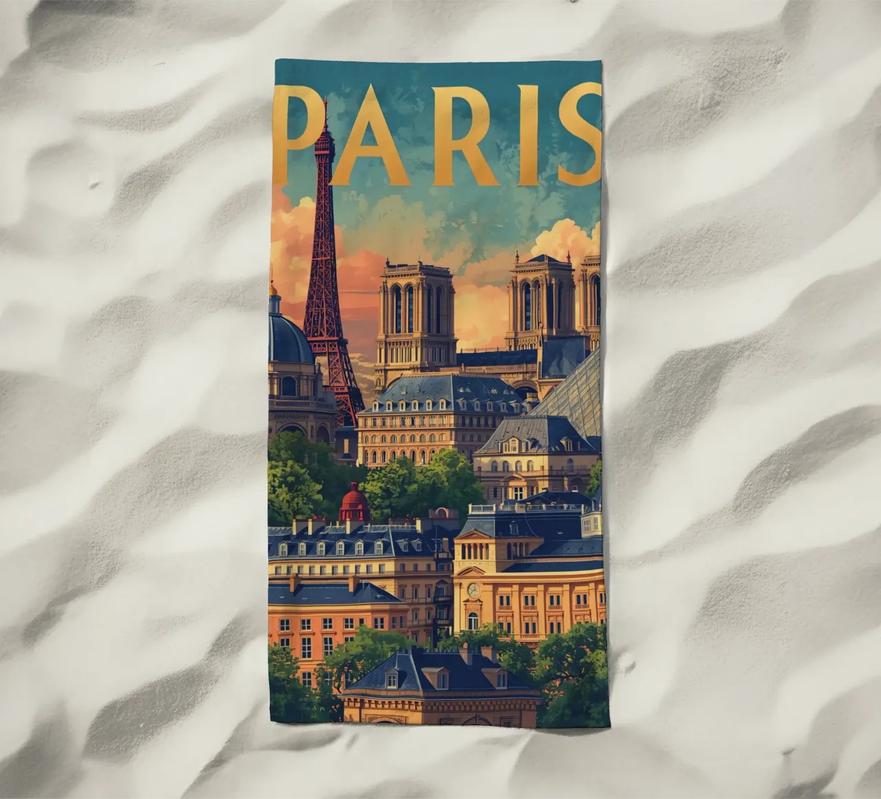 Paris Cityscape with Eiffel Tower and Notre Dame beach towel by DesignDoodle